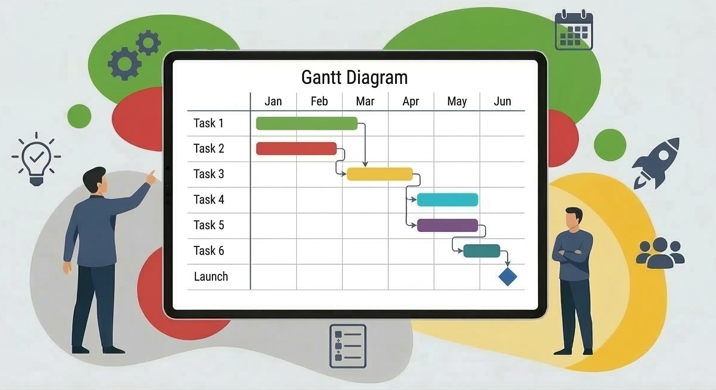 Illustration of a Gantt chart showing tasks on a timeline, displayed on a tablet computer