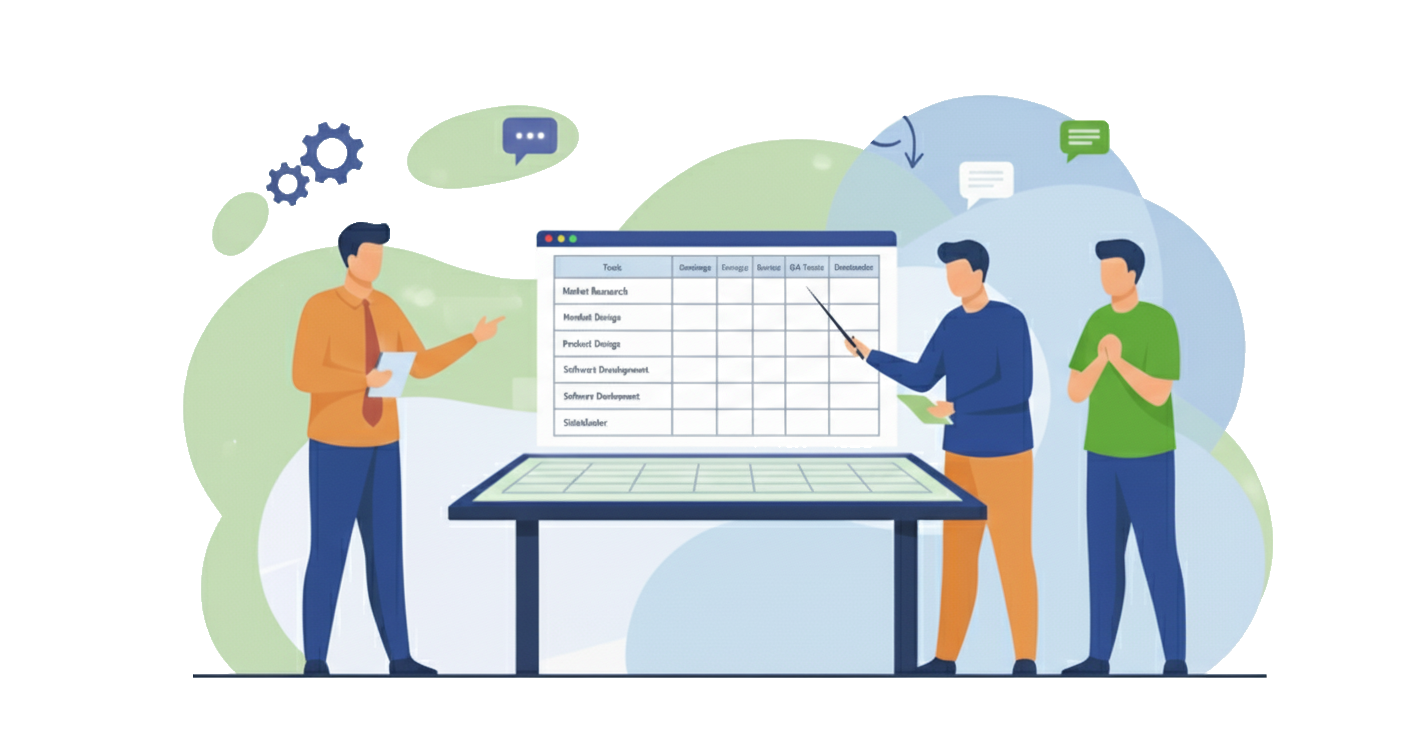 Illustration of three people reviewing a RACI matrix, showing task responsibilities.