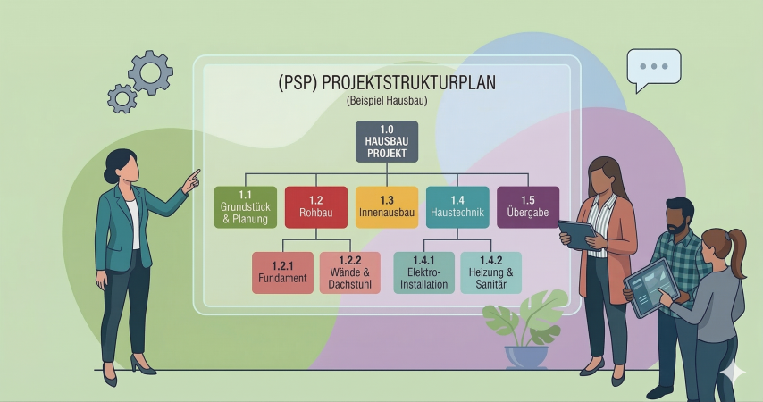 Baumdiagramm eines Projektstrukturplans am Beispiel Hausbau mit fünf Hauptbereichen und zugehörigen Arbeitspaketen, dargestellt als hierarchische Struktur