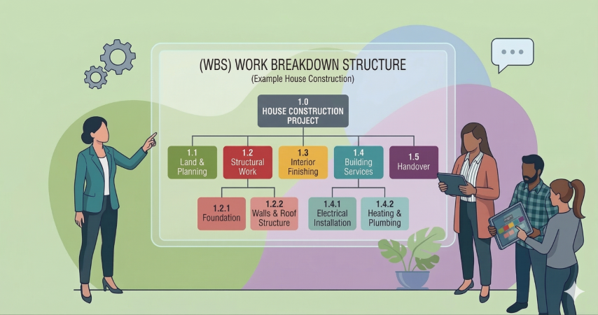 Tree diagram of a work breakdown structure using the example of building a house, with five main areas and corresponding work packages, shown as a hierarchical structure