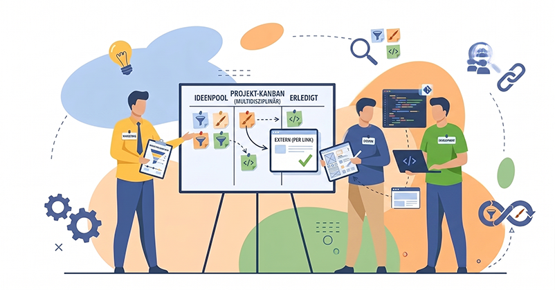 Illustration eines cross-funktionalen Teams, das gemeinsam an einem Projekt-Kanban arbeitet