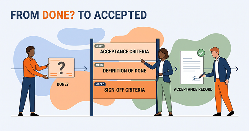 Acceptance criteria in a project: team, project management and client check one result together against the Definition of Done and the sign-off criteria