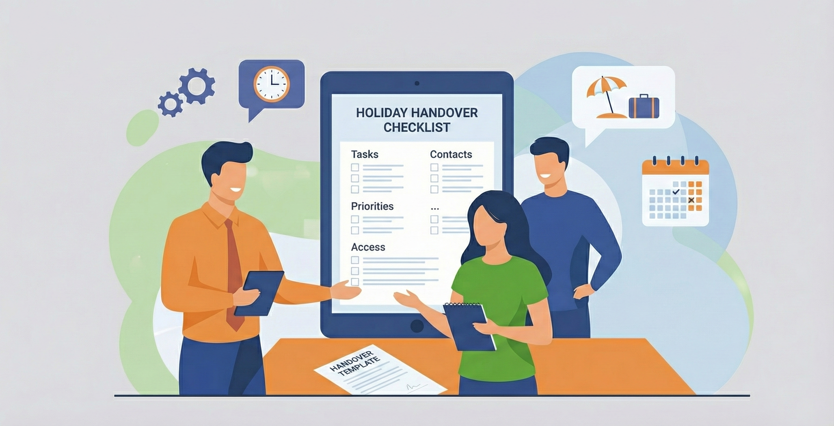 Illustration of a holiday handover - person handing over documents to their replacement