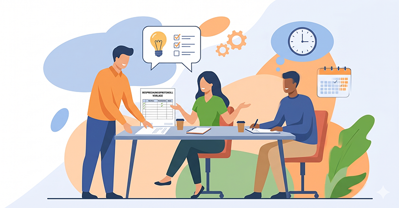 Illustration einer modernen Meetingkultur – drei Personen besprechen ein Besprechungsprotokoll am Tisch