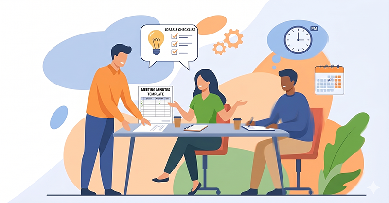 Illustration of modern meeting culture – three people discussing a meeting minutes at a table