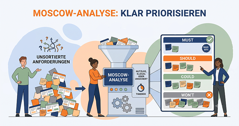 MoSCoW Analyse: Anforderungen werden aus dem Backlog in die vier Kategorien Must, Should, Could und Won't priorisiert