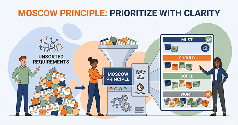 MoSCoW principle: requirements are prioritized from the backlog into the four categories Must, Should, Could and Won't