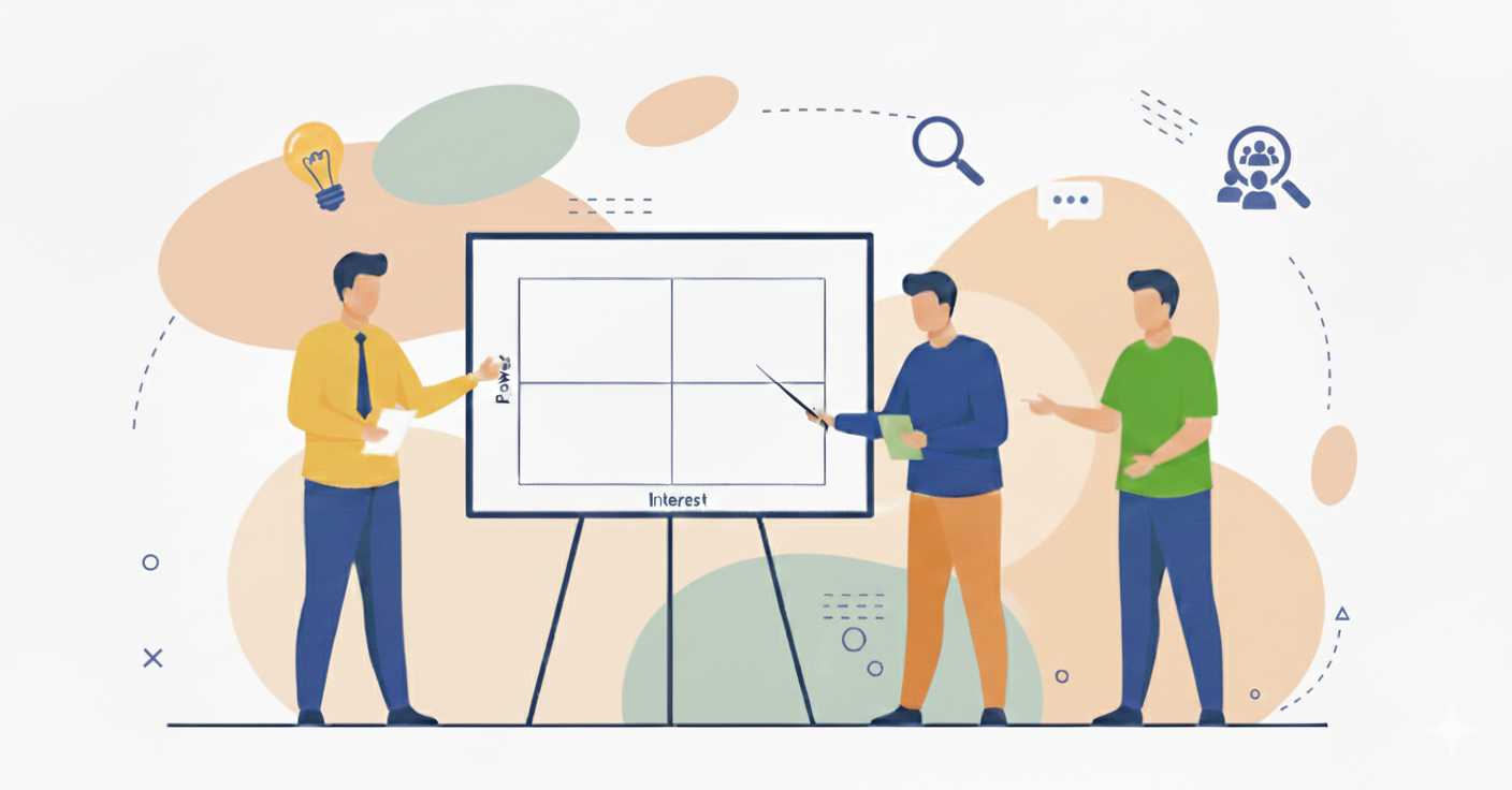 Identifying and managing key stakeholders is vital for project success. Illustration of three people conducting a stakeholder analysis using a power-interest grid.