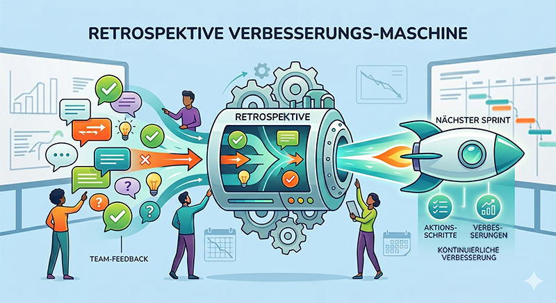 Retrospektive als Verbesserungs-Maschine: Team-Feedback fließt in die Retrospektive und wird zu konkreten Aktionsschritten für den nächsten Sprint