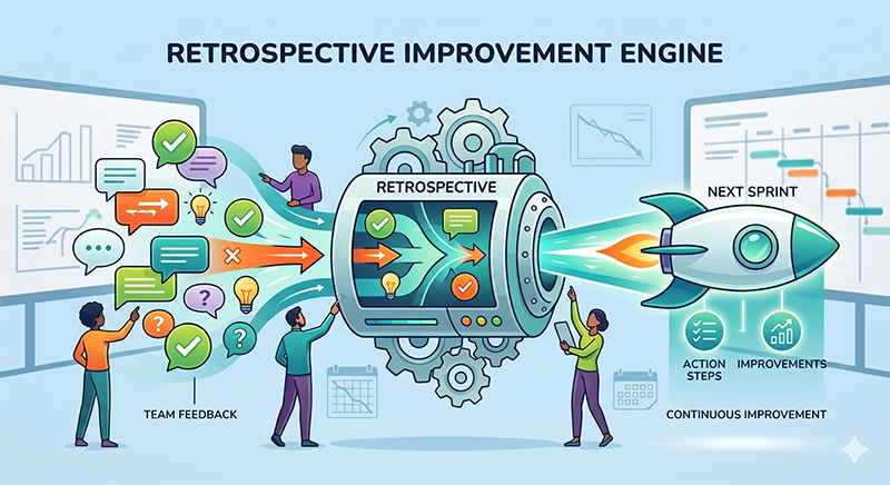 Scrum Retrospective as an Improvement Engine: Team feedback flows into the sprint retrospective and turns into concrete retrospective action items for the next sprint