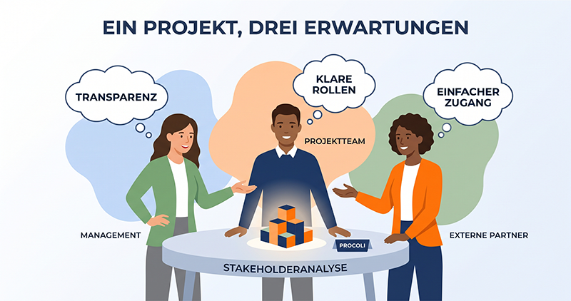 Stakeholderanalyse im Projektmanagement: Management, Projektteam und externe Partner bewerten den Erfolg desselben Projekts unterschiedlich