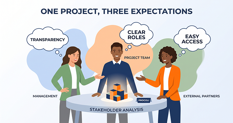 Stakeholder analysis in project management: management, project team and external partners judge the success of the same project differently
