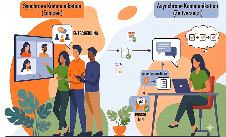 Illustration der Unterschiede zwischen synchroner und asynchroner Kommunikation im Team