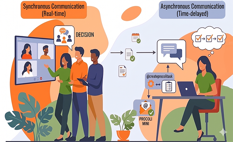 Illustration of the differences between synchronous and async communication in a team