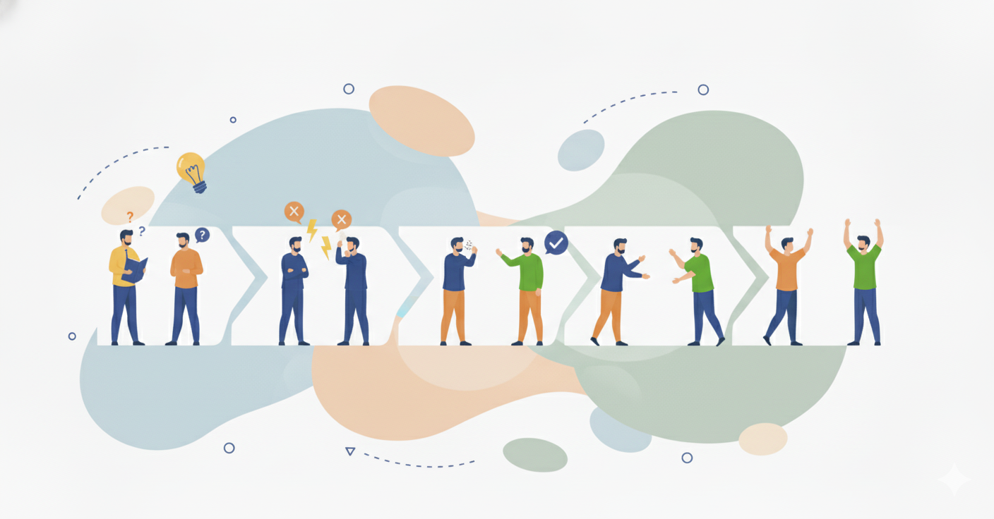 Team development is the key to successful collaboration Illustration of people going through the phases of team building together